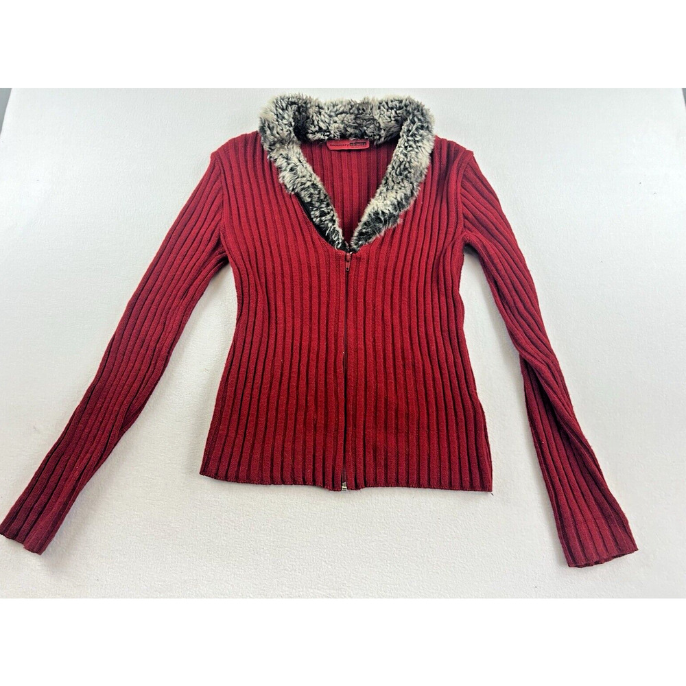 Vintage 00s y2k 2000 Red zip cardigan faux fur trim goth gothic‎ alternative S